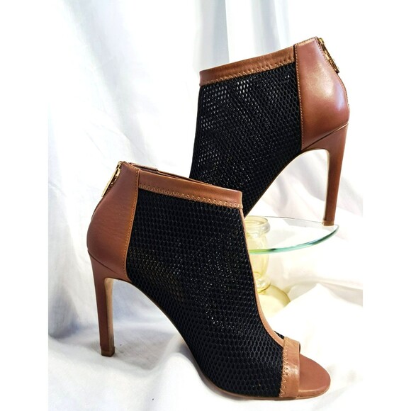 Cole Haan Adella Black Mesh Pecan Tan Leather Open Toe Booties Womens 7.5 - Picture 1 of 12